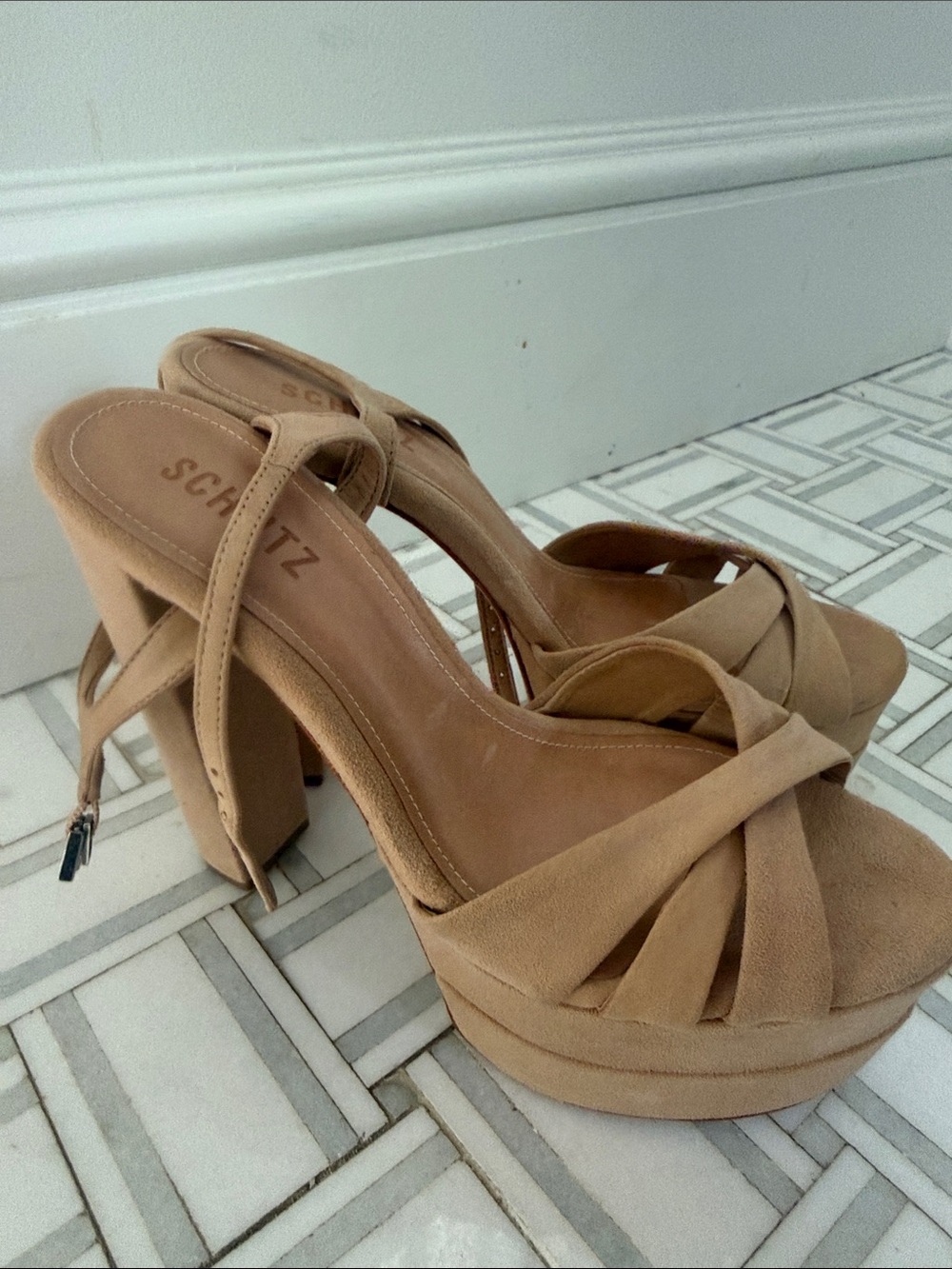 SCHUTZ Tan Suede Crisscross Platform Heels